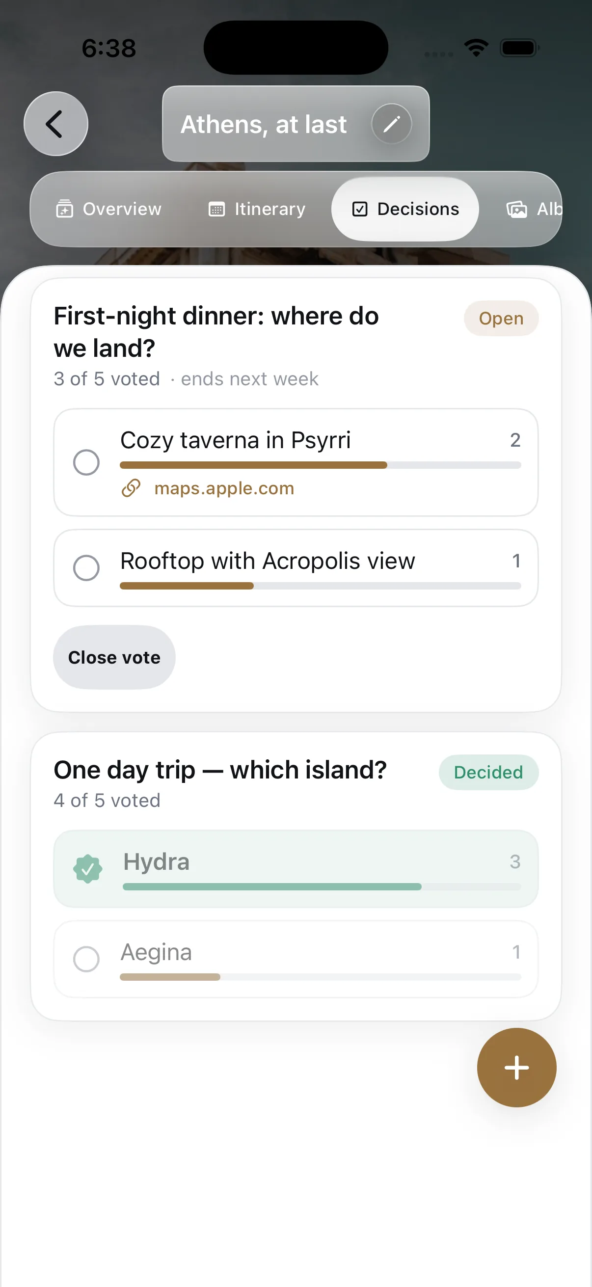 Trip decisions: open votes and settled picks for the group.