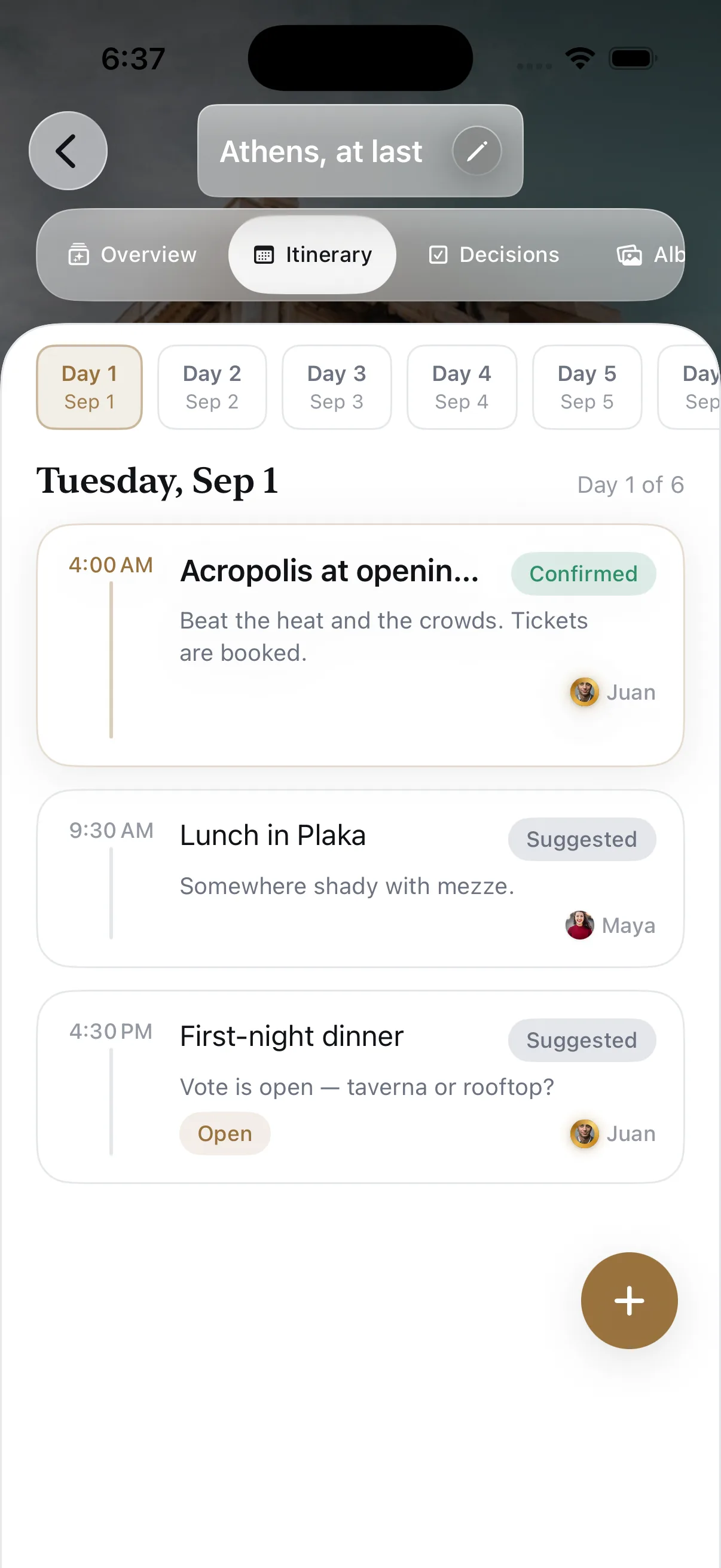 Athens itinerary: day-by-day plans, confirmed stops, and open votes.